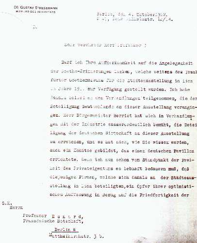 Lettre de Stresemann - page 1 * Brief von Stresemann - Seite 1