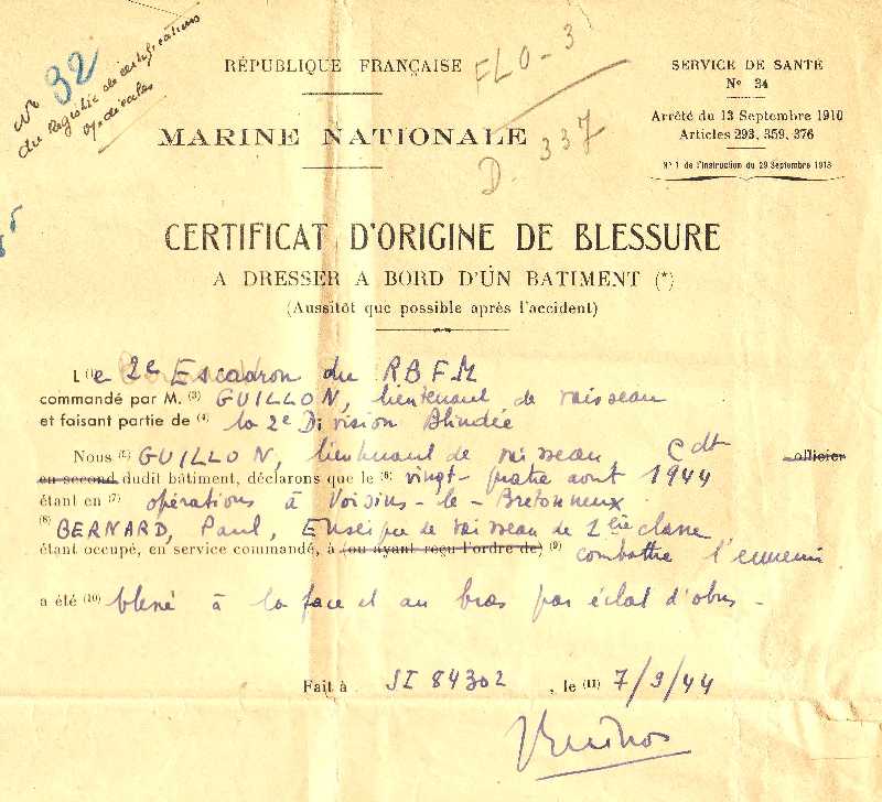 Certificat d'origine de blessure