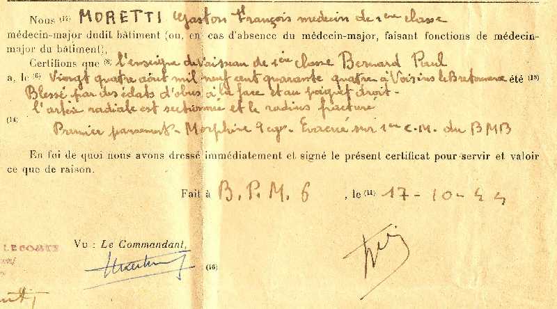 Certificat d'origine de blessure